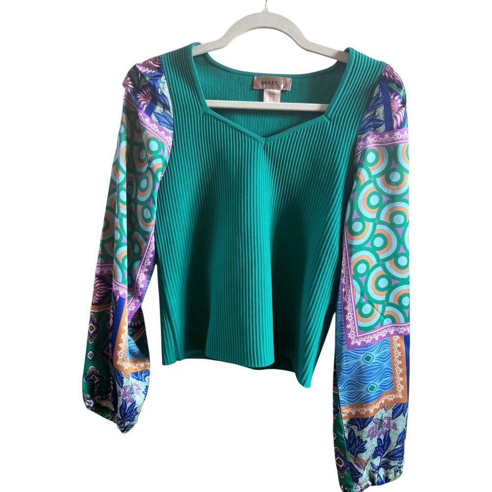 Bailey‎ 44 Green Short Ribbed Top Woman's Sz Medium Satin Patchwork Anthropology